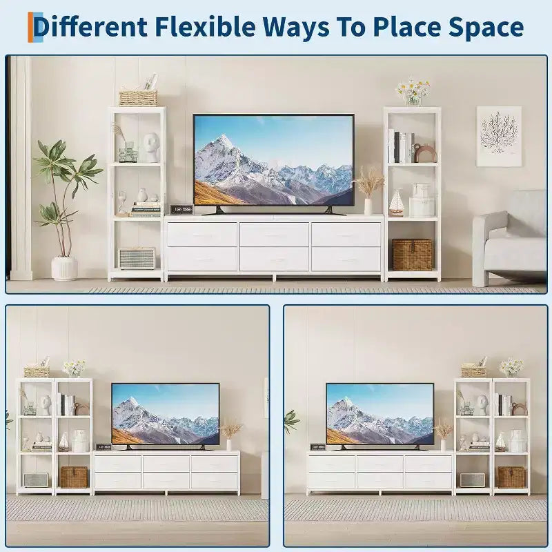 Meubles TV avec 6 tiroirs en tissu, grand meuble TV avec 2 étagères de rangement industrielles à 4 niveaux, meuble console TV moderne pour salon