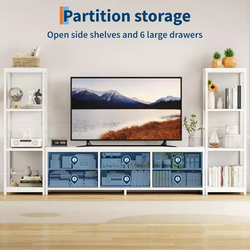 Meubles TV avec 6 tiroirs en tissu, grand meuble TV avec 2 étagères de rangement industrielles à 4 niveaux, meuble console TV moderne pour salon