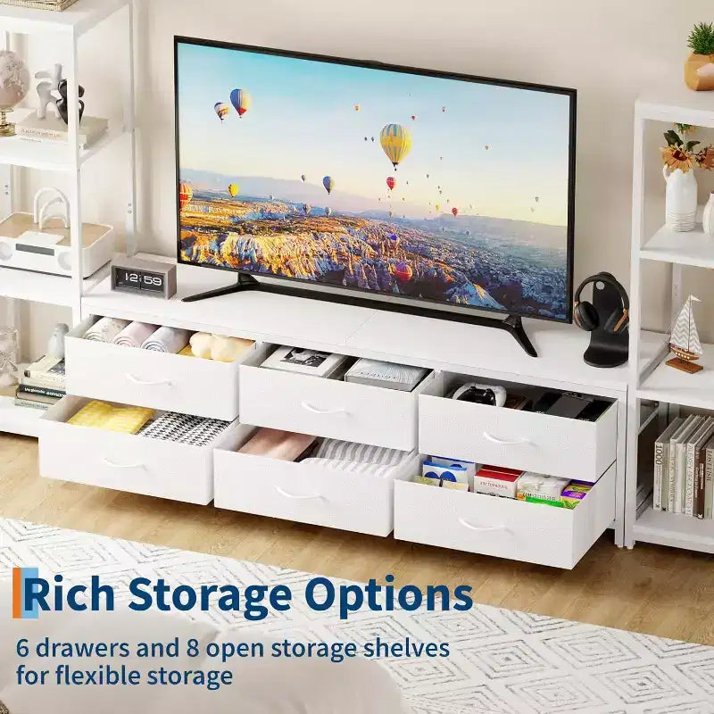 Meubles TV avec 6 tiroirs en tissu, grand meuble TV avec 2 étagères de rangement industrielles à 4 niveaux, meuble console TV moderne pour salon