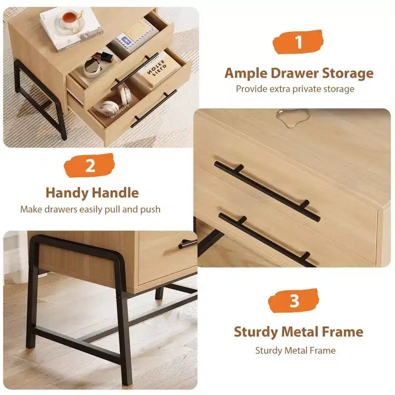 Tables de chevet avec 2 tiroirs et étagère ouverte, table d'appoint moderne avec pieds en métal, meuble de rangement compact pour petit appartement