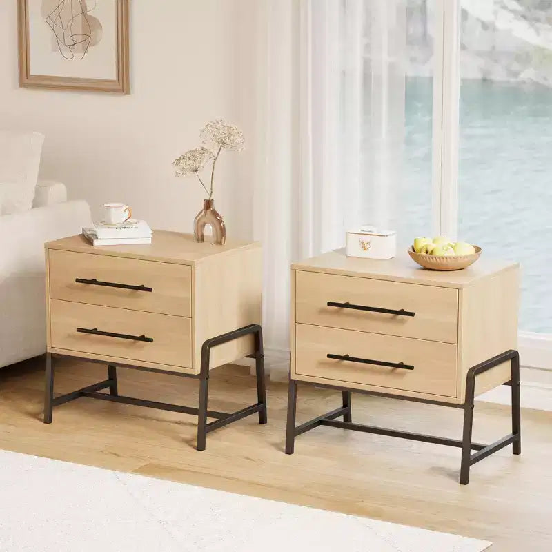Tables de chevet avec 2 tiroirs et étagère ouverte, table d'appoint moderne avec pieds en métal, meuble de rangement compact pour petit appartement
