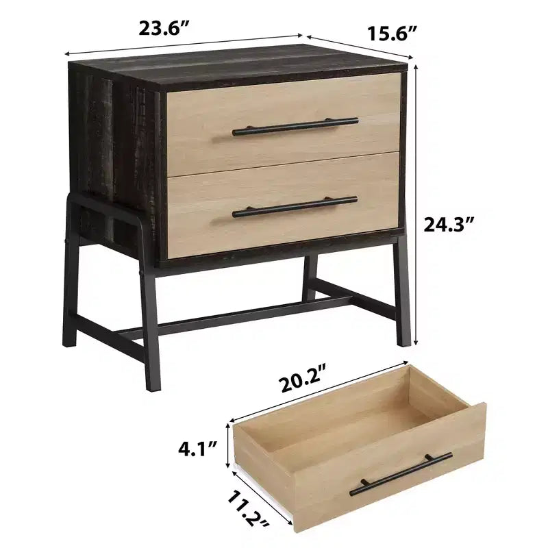 Tables de chevet avec 2 tiroirs et étagère ouverte, table d'appoint moderne avec pieds en métal, meuble de rangement compact pour petit appartement
