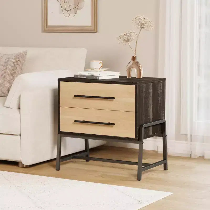 Tables de chevet avec 2 tiroirs et étagère ouverte, table d'appoint moderne avec pieds en métal, meuble de rangement compact pour petit appartement