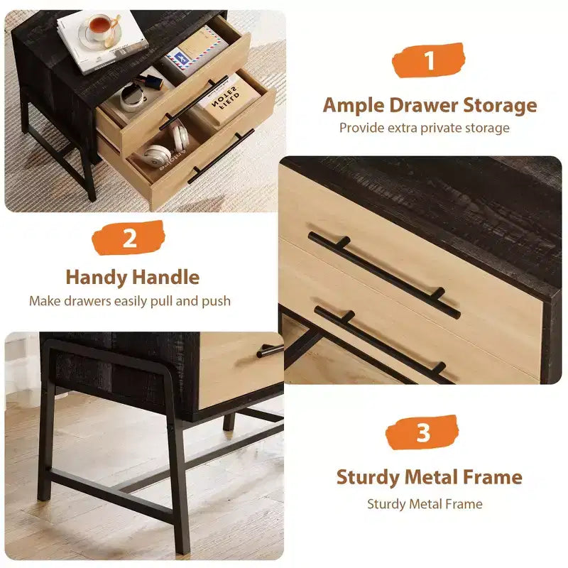 Tables de chevet avec 2 tiroirs et étagère ouverte, table d'appoint moderne avec pieds en métal, meuble de rangement compact pour petit appartement