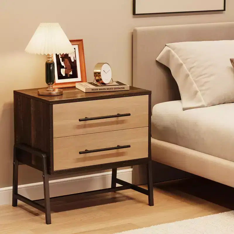 Tables de chevet avec 2 tiroirs et étagère ouverte, table d'appoint moderne avec pieds en métal, meuble de rangement compact pour petit appartement