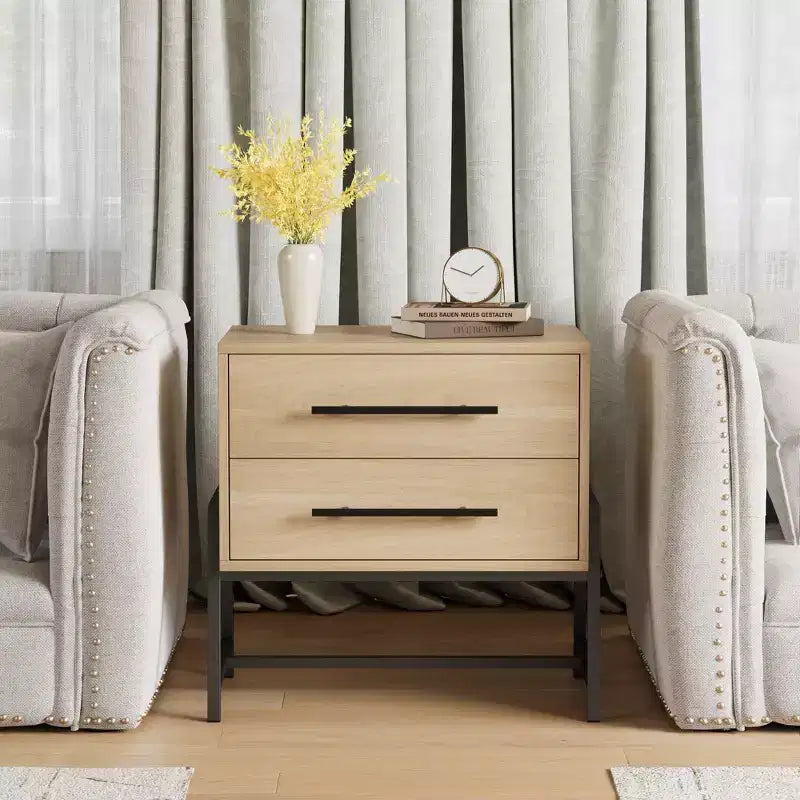 Tables de chevet avec 2 tiroirs et étagère ouverte, table d'appoint moderne avec pieds en métal, meuble de rangement compact pour petit appartement