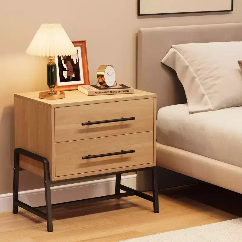 Tables de chevet avec 2 tiroirs et étagère ouverte, table d'appoint moderne avec pieds en métal, meuble de rangement compact pour petit appartement