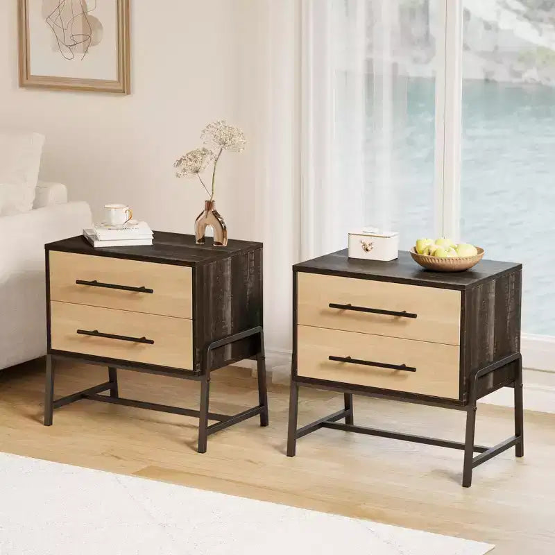 Bedside Tables Nightstand w/2 Drawers & Open Shelf, Modern Side Table w/Metal Legs, Compact Storage Cabinet for Small Space Apartment