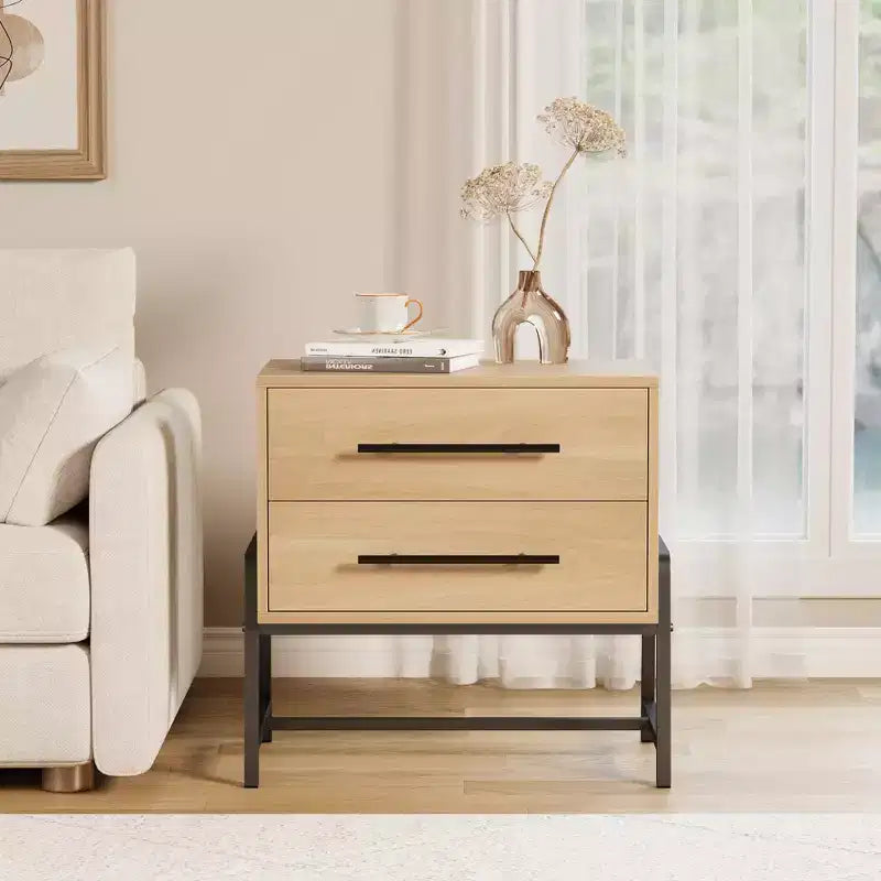 Tables de chevet avec 2 tiroirs et étagère ouverte, table d'appoint moderne avec pieds en métal, meuble de rangement compact pour petit appartement