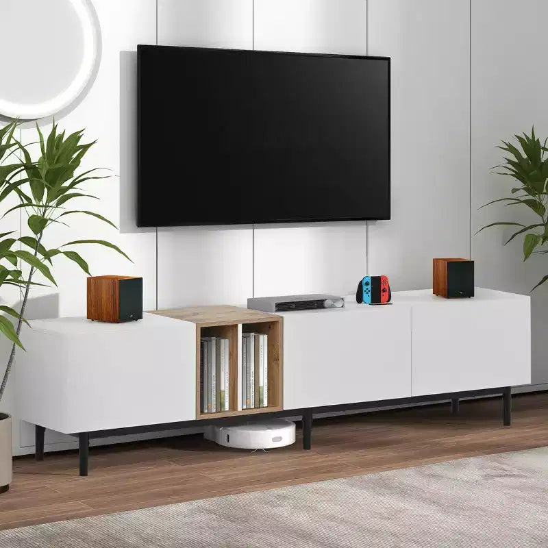 Meuble TV moderne pour téléviseur 80" avec 3 portes, console multimédia, meuble de divertissement avec grand meuble de rangement pour salon
