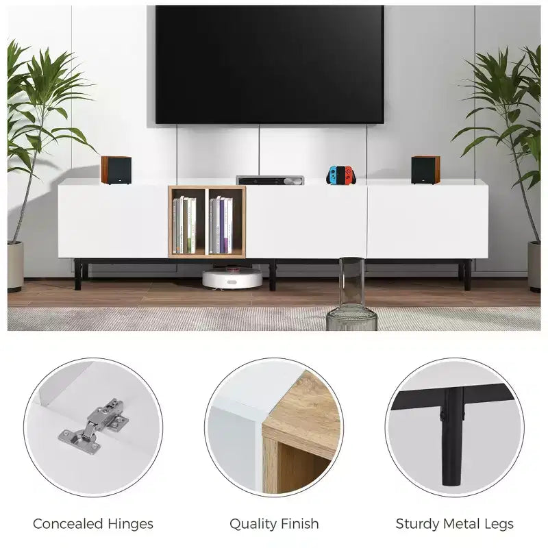 Meuble TV moderne pour téléviseur 80" avec 3 portes, console multimédia, meuble de divertissement avec grand meuble de rangement pour salon