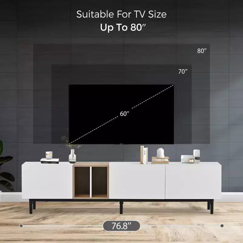Meuble TV moderne pour téléviseur 80" avec 3 portes, console multimédia, meuble de divertissement avec grand meuble de rangement pour salon