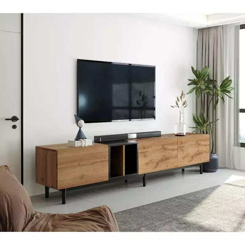 Meuble TV moderne pour téléviseur 80" avec 3 portes, console multimédia, meuble de divertissement avec grand meuble de rangement pour salon