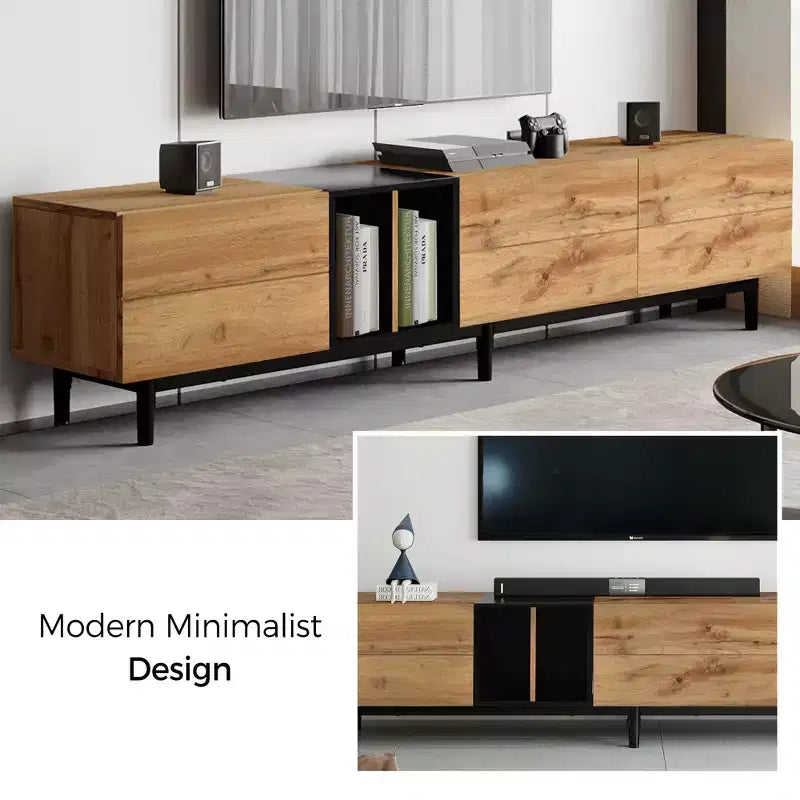 Meuble TV moderne pour téléviseur 80" avec 3 portes, console multimédia, meuble de divertissement avec grand meuble de rangement pour salon