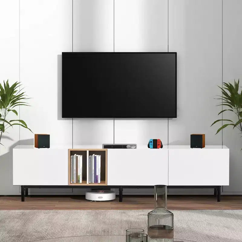 Meuble TV moderne pour téléviseur 80" avec 3 portes, console multimédia, meuble de divertissement avec grand meuble de rangement pour salon