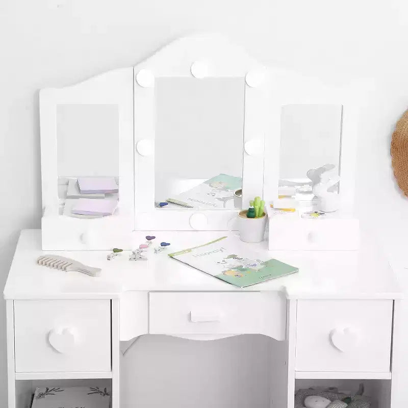 Coiffeuse pour filles avec miroir triple, coiffeuse et tabouret en bois 2-en-1, table de maquillage de jeu de rôle princesse avec tiroir pour petites filles