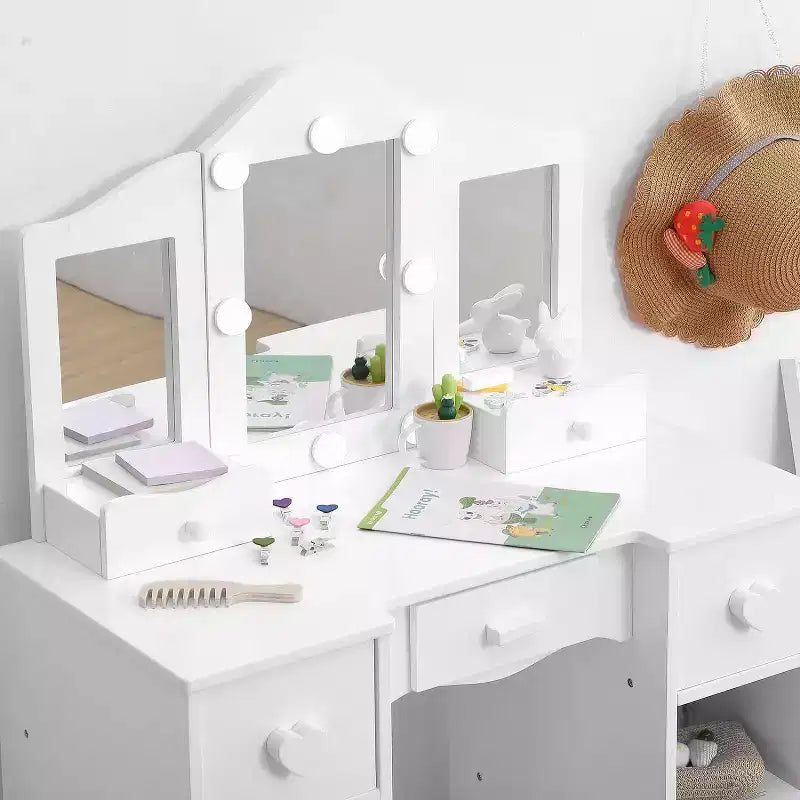 Coiffeuse pour filles avec miroir triple, coiffeuse et tabouret en bois 2-en-1, table de maquillage de jeu de rôle princesse avec tiroir pour petites filles