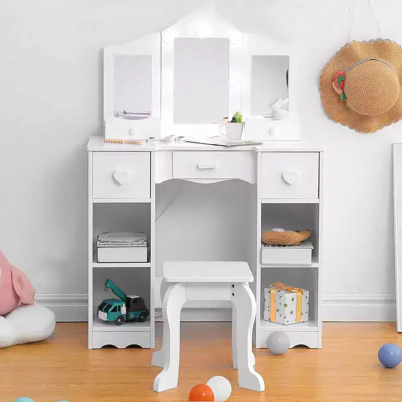 Coiffeuse pour filles avec miroir triple, coiffeuse et tabouret en bois 2-en-1, table de maquillage de jeu de rôle princesse avec tiroir pour petites filles