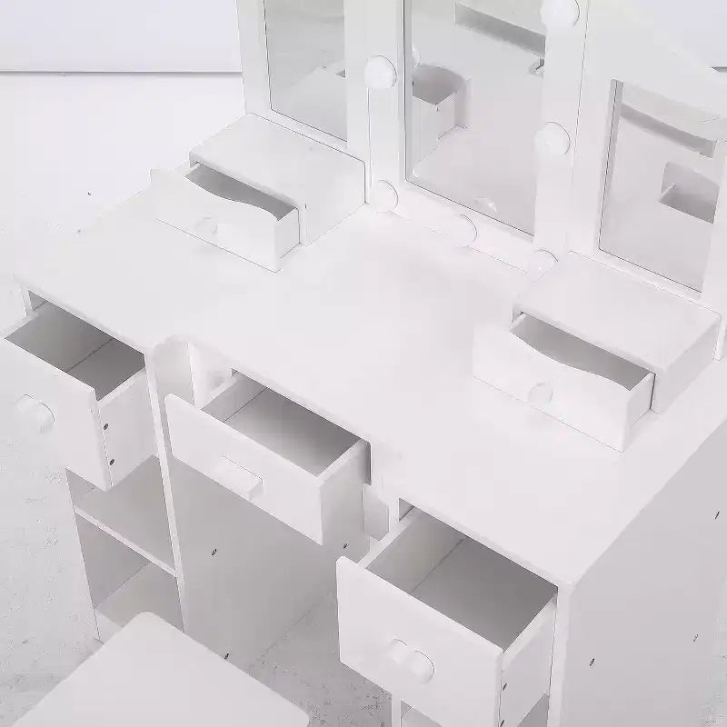 Coiffeuse pour filles avec miroir triple, coiffeuse et tabouret en bois 2-en-1, table de maquillage de jeu de rôle princesse avec tiroir pour petites filles