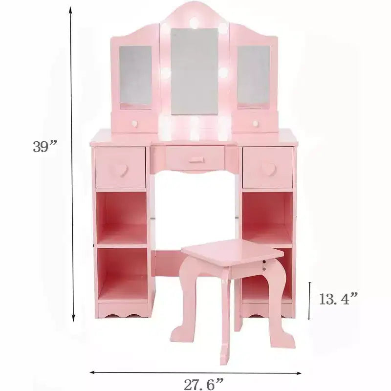 Coiffeuse pour filles avec miroir triple, coiffeuse et tabouret en bois 2-en-1, table de maquillage de jeu de rôle princesse avec tiroir pour petites filles