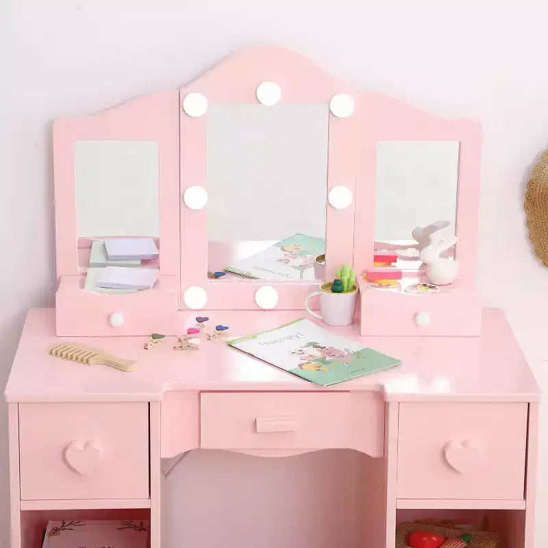 Coiffeuse pour filles avec miroir triple, coiffeuse et tabouret en bois 2-en-1, table de maquillage de jeu de rôle princesse avec tiroir pour petites filles