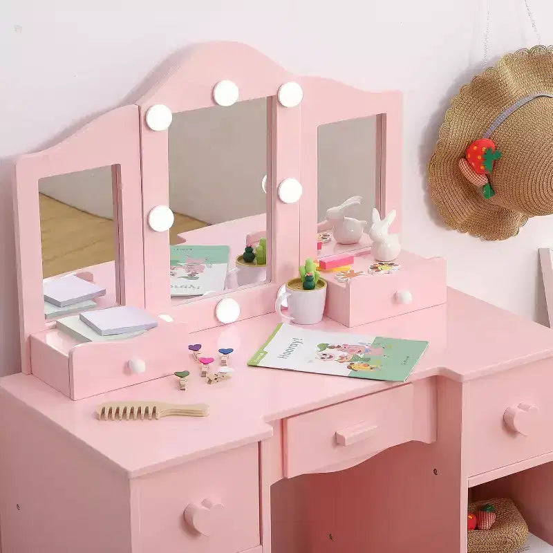 Coiffeuse pour filles avec miroir triple, coiffeuse et tabouret en bois 2-en-1, table de maquillage de jeu de rôle princesse avec tiroir pour petites filles