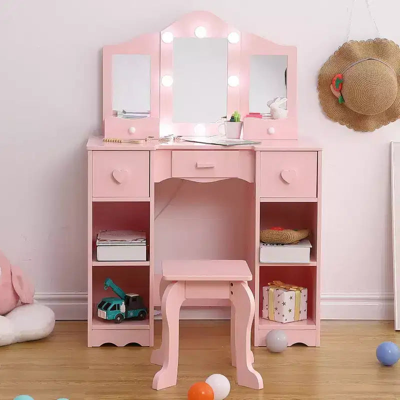 Coiffeuse pour filles avec miroir triple, coiffeuse et tabouret en bois 2-en-1, table de maquillage de jeu de rôle princesse avec tiroir pour petites filles