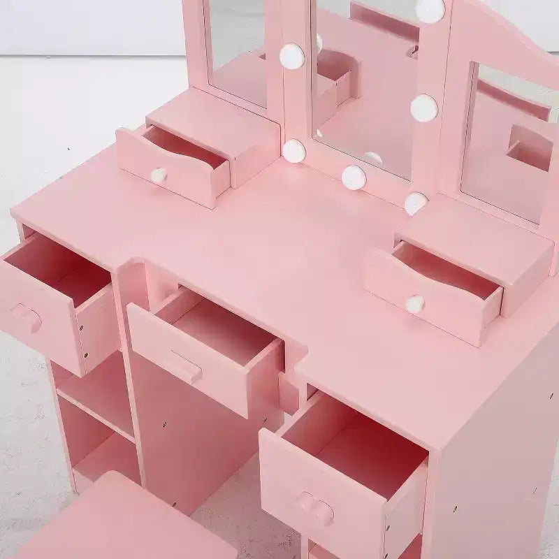 Coiffeuse pour filles avec miroir triple, coiffeuse et tabouret en bois 2-en-1, table de maquillage de jeu de rôle princesse avec tiroir pour petites filles
