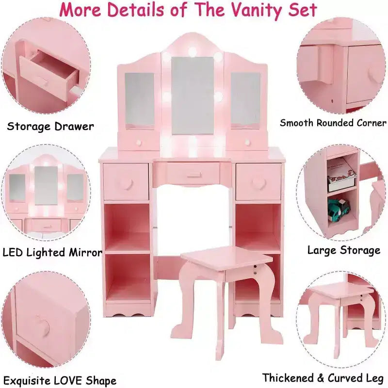 Coiffeuse pour filles avec miroir triple, coiffeuse et tabouret en bois 2-en-1, table de maquillage de jeu de rôle princesse avec tiroir pour petites filles
