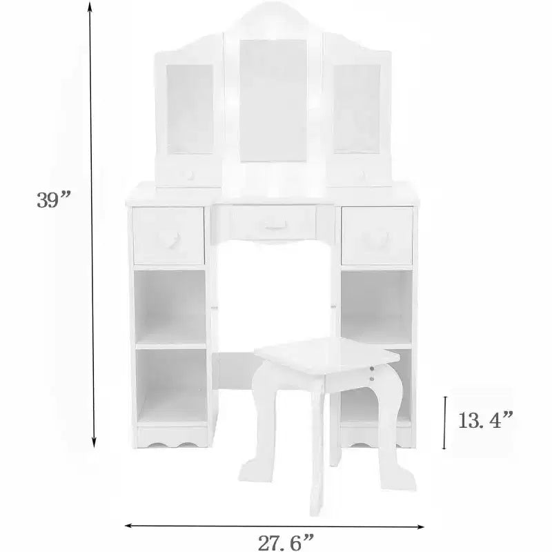 Coiffeuse pour filles avec miroir triple, coiffeuse et tabouret en bois 2-en-1, table de maquillage de jeu de rôle princesse avec tiroir pour petites filles