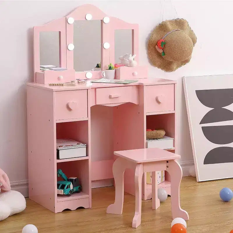Girls Vanity Set with Tri-Fold Mirror, 2-in-1 Wooden Dressing Table and Stool, Princess Pretend Play Makeup Desk with Drawer for Little Girls