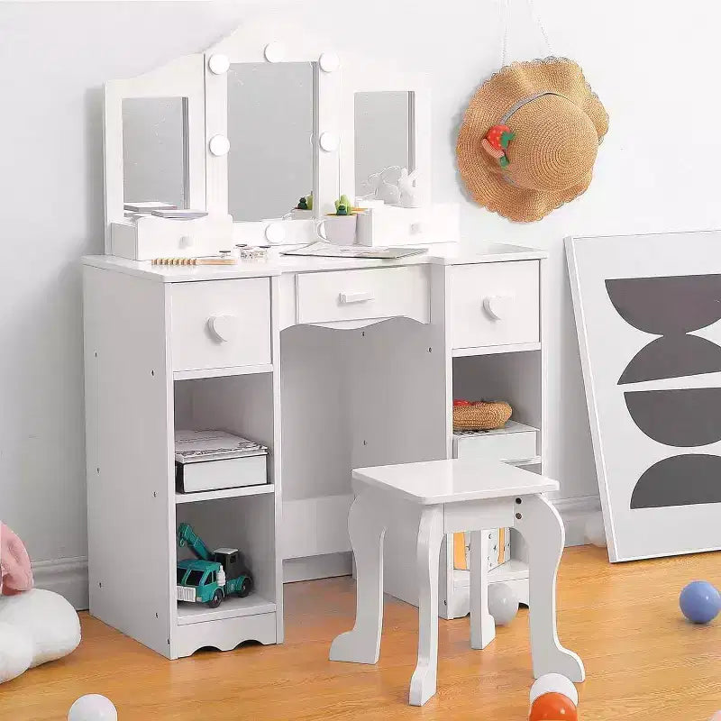Coiffeuse pour filles avec miroir triple, coiffeuse et tabouret en bois 2-en-1, table de maquillage de jeu de rôle princesse avec tiroir pour petites filles