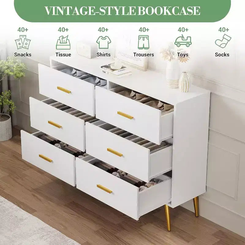 Commode à 6 tiroirs, commode moderne avec poignées et pieds dorés, meuble de rangement pour chambre ou salon