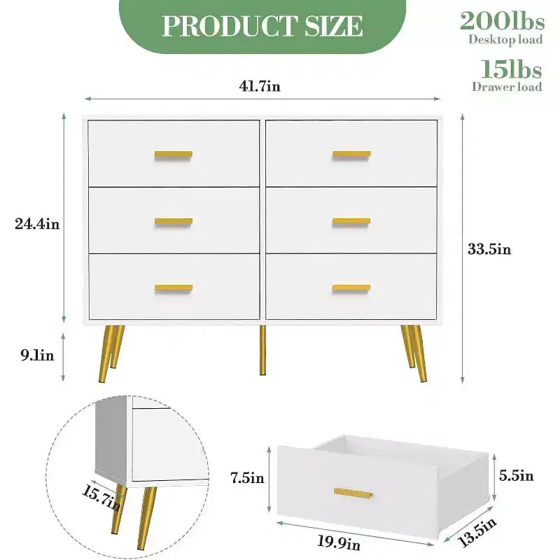 Commode à 6 tiroirs, commode moderne avec poignées et pieds dorés, meuble de rangement pour chambre ou salon