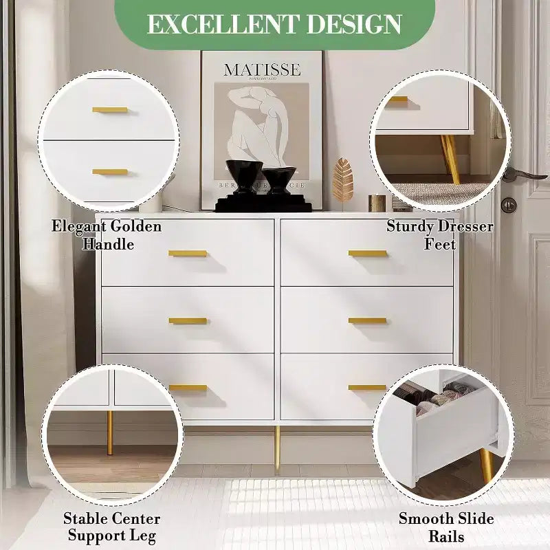 Commode à 6 tiroirs, commode moderne avec poignées et pieds dorés, meuble de rangement pour chambre ou salon