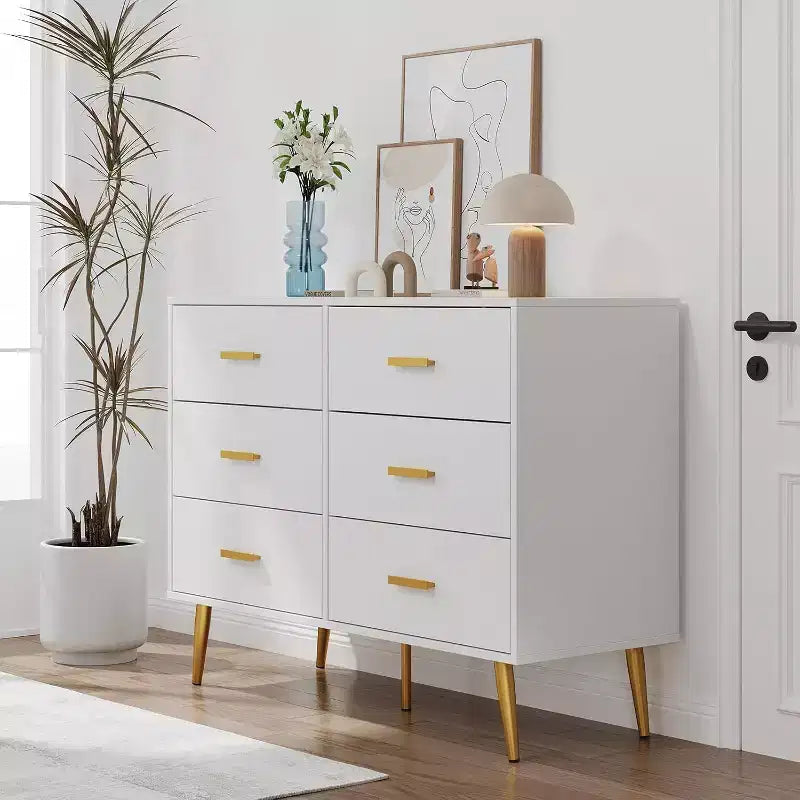 Commode à 6 tiroirs, commode moderne avec poignées et pieds dorés, meuble de rangement pour chambre ou salon