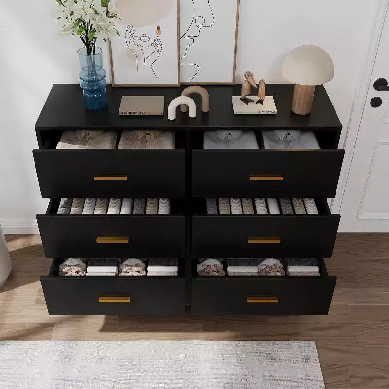 Commode à 6 tiroirs, commode moderne avec poignées et pieds dorés, meuble de rangement pour chambre ou salon