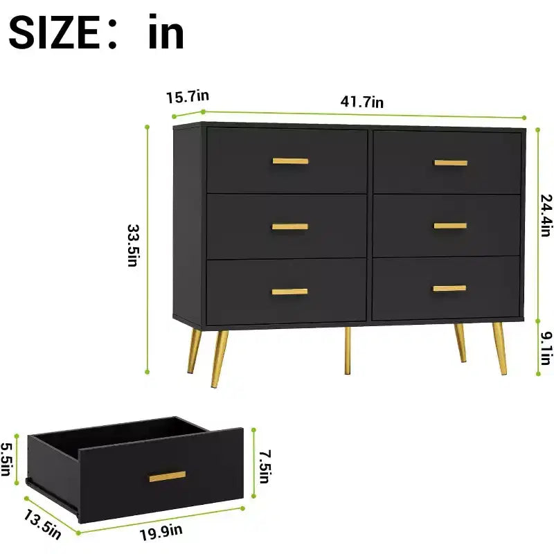 Commode à 6 tiroirs, commode moderne avec poignées et pieds dorés, meuble de rangement pour chambre ou salon