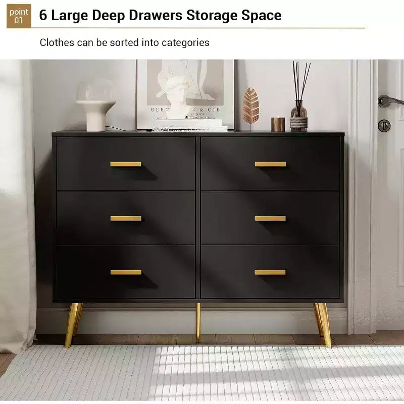 Commode à 6 tiroirs, commode moderne avec poignées et pieds dorés, meuble de rangement pour chambre ou salon