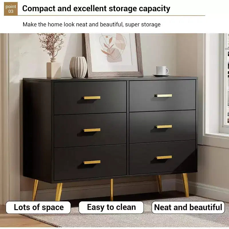 Commode à 6 tiroirs, commode moderne avec poignées et pieds dorés, meuble de rangement pour chambre ou salon
