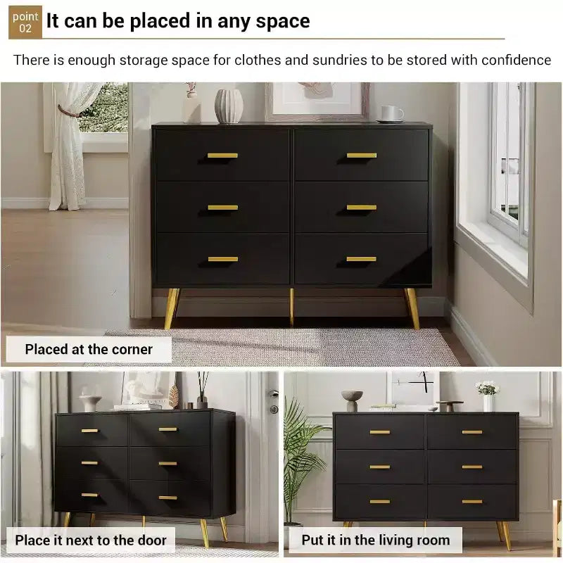 Commode à 6 tiroirs, commode moderne avec poignées et pieds dorés, meuble de rangement pour chambre ou salon