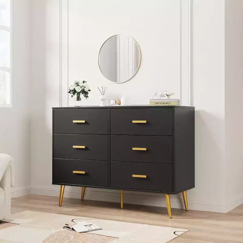 Acekool 6 Drawer Dresser, Modern Chest with Gold Handles and Legs, Storage Cabinet for Bedroom or Living Room