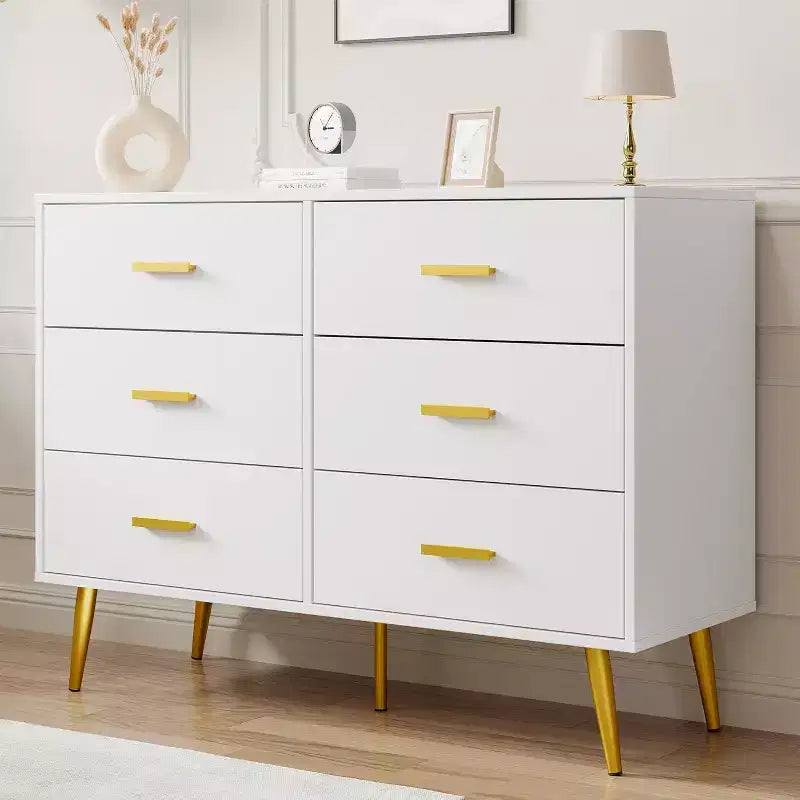 Commode à 6 tiroirs, commode moderne avec poignées et pieds dorés, meuble de rangement pour chambre ou salon