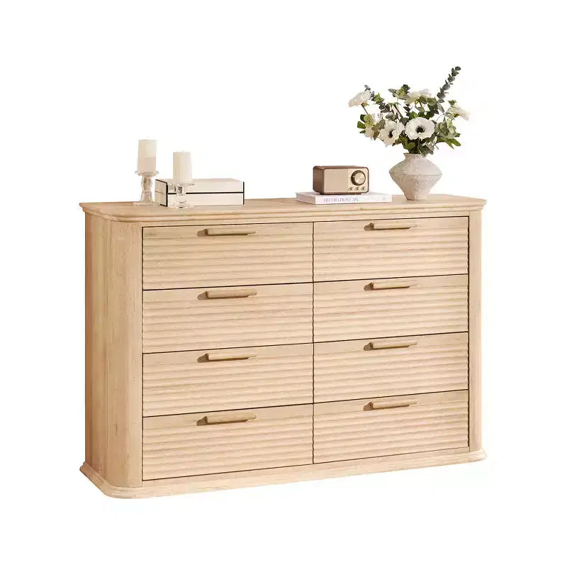 Commode moderne en bois de 132 cm à 8 tiroirs, design cannelé et incurvé pour le rangement dans le salon et le couloir