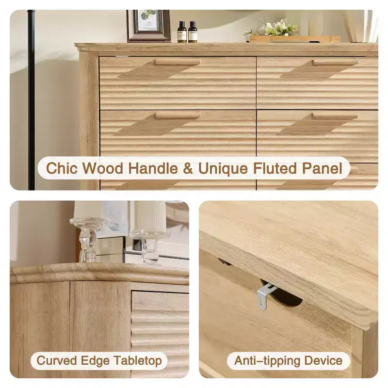 Commode moderne en bois de 132 cm à 8 tiroirs, design cannelé et incurvé pour le rangement dans le salon et le couloir