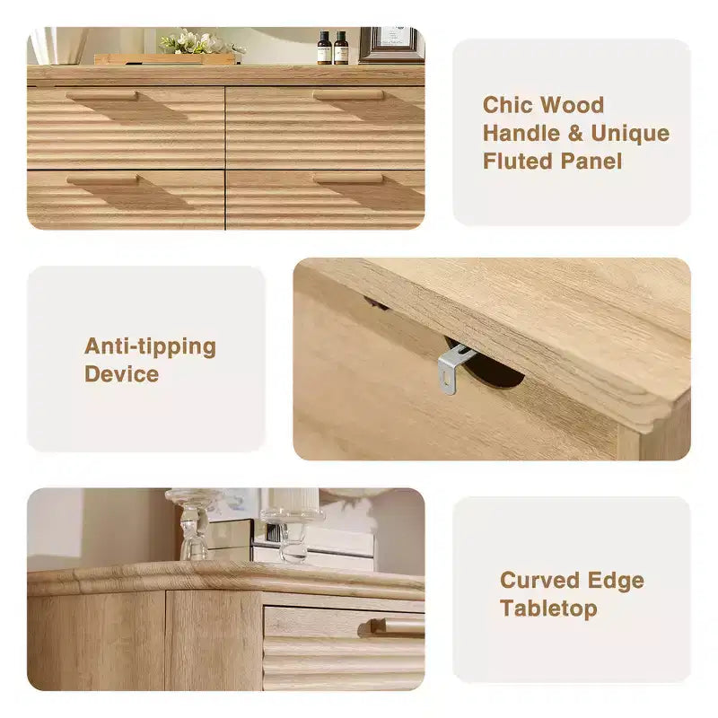 Commode moderne en bois de 132 cm à 8 tiroirs, design cannelé et incurvé pour le rangement dans le salon et le couloir