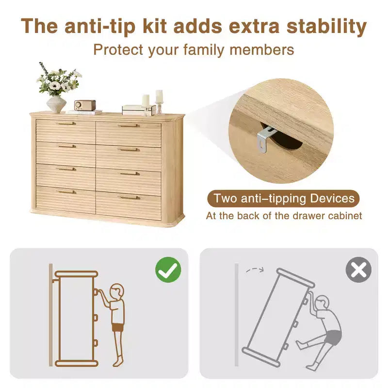 Commode moderne en bois de 132 cm à 8 tiroirs, design cannelé et incurvé pour le rangement dans le salon et le couloir