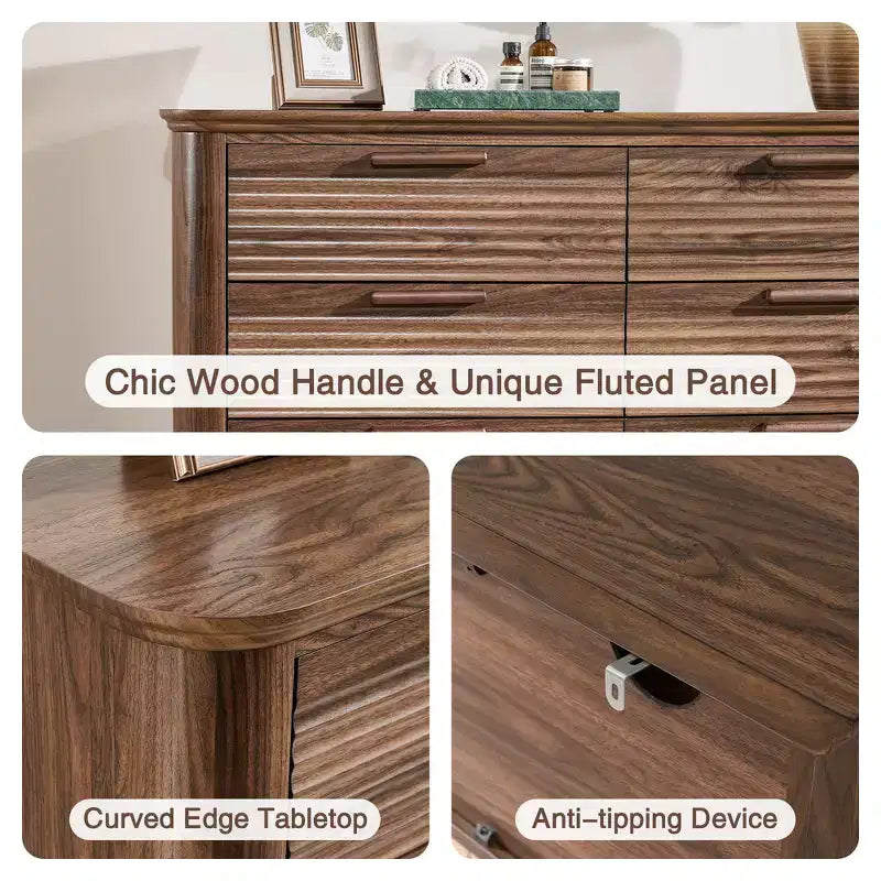 Commode moderne en bois de 132 cm à 8 tiroirs, design cannelé et incurvé pour le rangement dans le salon et le couloir