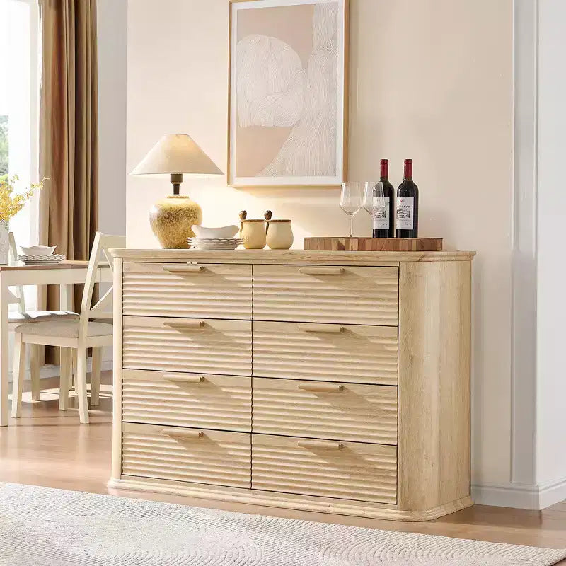 Commode moderne en bois de 132 cm à 8 tiroirs, design cannelé et incurvé pour le rangement dans le salon et le couloir
