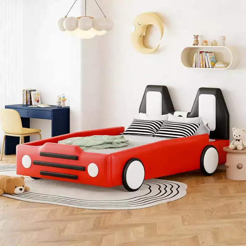 Luxystar Twin Size Race Car-Shaped Platform Bed with Guardrail for Kids' Room